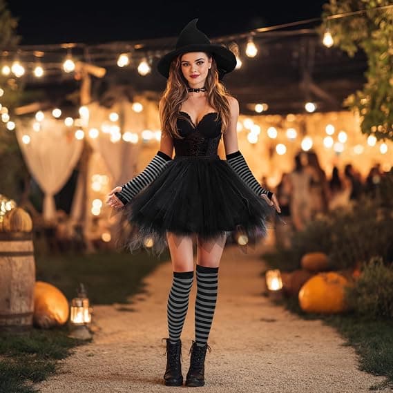 Halloween Heksekostumer til kvinder Gotisk Cosplay Heksehat Tylskørt Stribede Knæstrømper Armvarmere Sæt