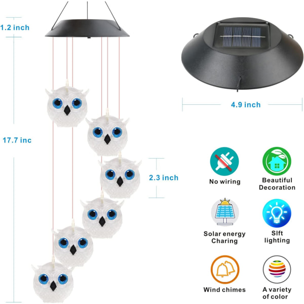 Solcells vindspel, mobil hängande LED-ljus färgförändrande vindspel födelsedagspresent till mamma mamma flickor och trädgård uteplats dekoration (uggla)