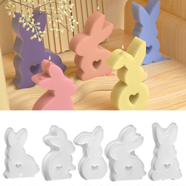 4 stk. 3D kaniner silikone lysforme til håndlavet lys, sæbe, slik, chokoladeforme, boligindretning, epoxyharpiksforme
