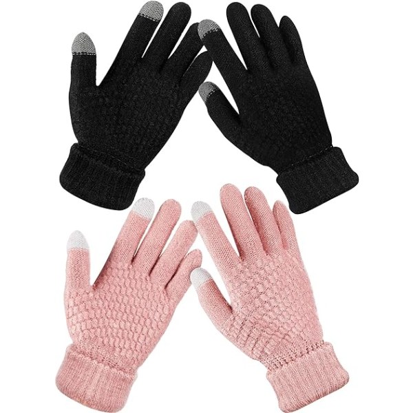 2 par pekskärmshandskar för kvinnor, varma fleecefodrade stickade handskar Elastiska manschett Vintertexthandskar -rosa och svarta