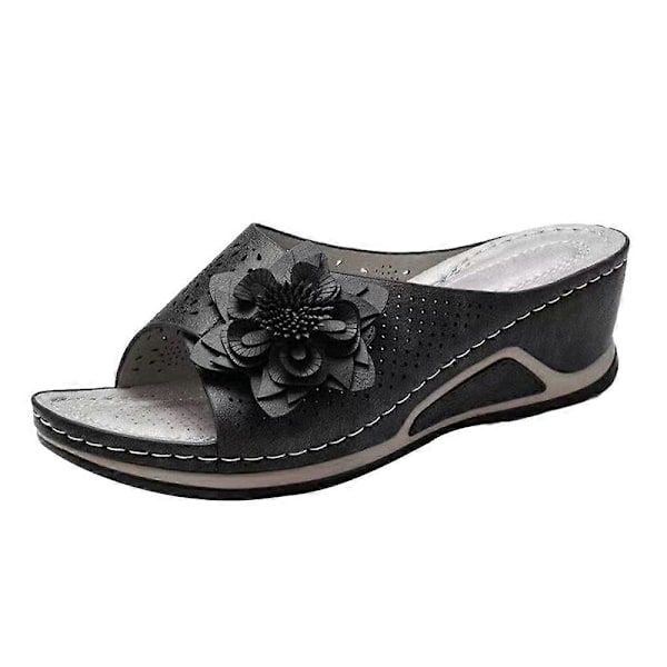 Plus Size Sandaler för Kvinnor, Vävda Blommiga Kilklackar för Inomhus och Utomhus Brown 43