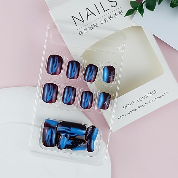 24 st Blue Cat Eye Press On Nails Korta Runda Fake Nails Aurora Med Glitter Design Akryl False Nails Glansfulla Cover Stick On Nails