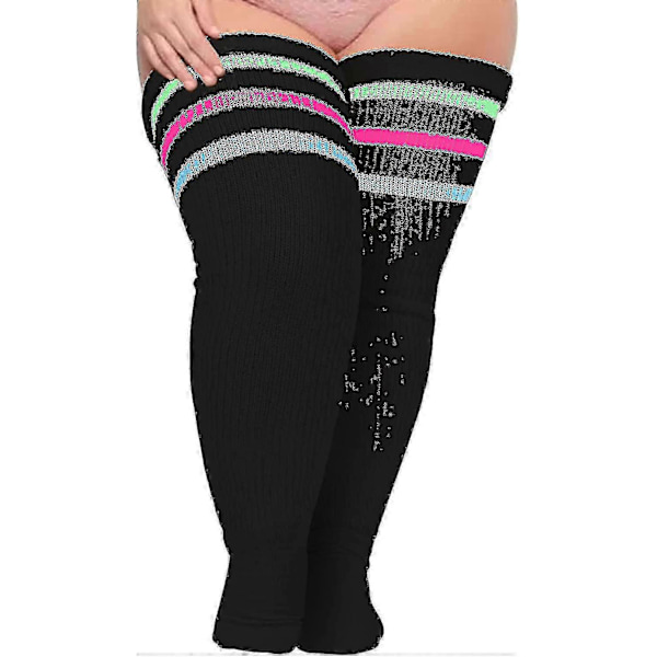 Plus Size Dame Lårstrømper til Tykke Lår - Ekstra Lange Stribede Tykke Over Svart Grön Rosa Blå