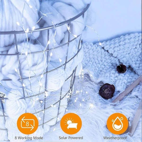 Ljuslägen 120 LED Solcellssträng 2-pack, 12 Meter Lång, Kalla Vita, Halloween, Jul [Energiklass A+++]