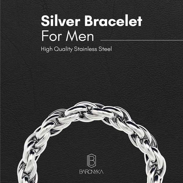 Handgjorda tjocka silverarmband för män, rostfritt stål, repkedjearmband för män, länkarmband för män (8,5, silverpläterade)