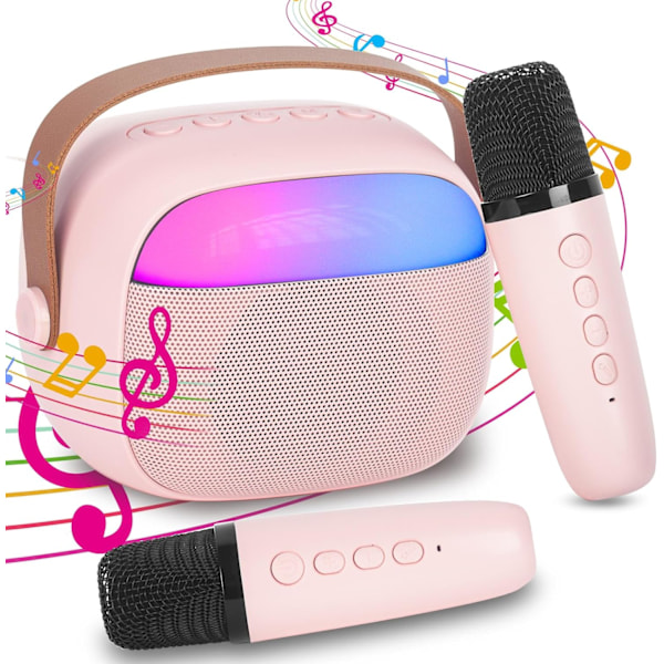 Karaokelaite lapsille, jossa 2 langatonta mikrofonia, kannettava KTV-järjestelmä Bluetoothilla, kaiutin äänenmuokkaustehosteilla ja LED-valoilla Pink