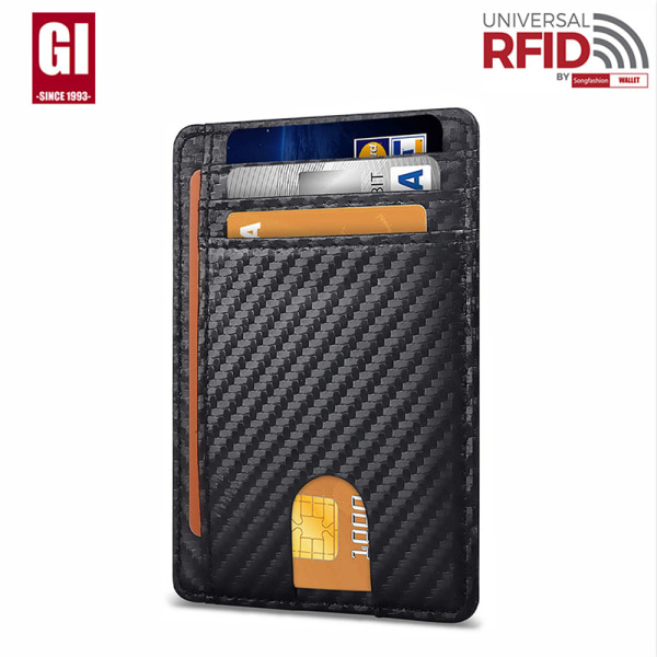 Smal minimalistisk frontficka RFID-blockerande läderplånböcker för män och kvinnor Stöldskyddskorthållare med AirTag -hål - kolfibersvart