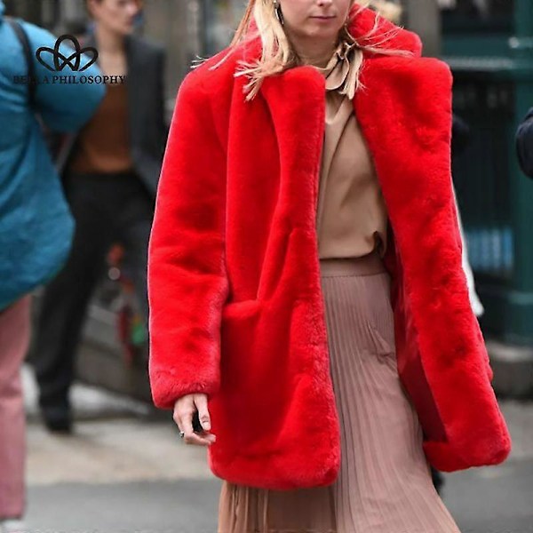 Lang Moderigtig Pels Plys Varm Elegant Afslappet Løs Frakke Vinter Fortykket Revers Fluffy Frakke red M