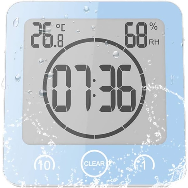 Bathroom Clock, LCD Digital Alarm with Waterproof Touch Shower Clock, Temperature Humidity, Countdown, 3 Mounting Methods, Battery Powered (Blue)