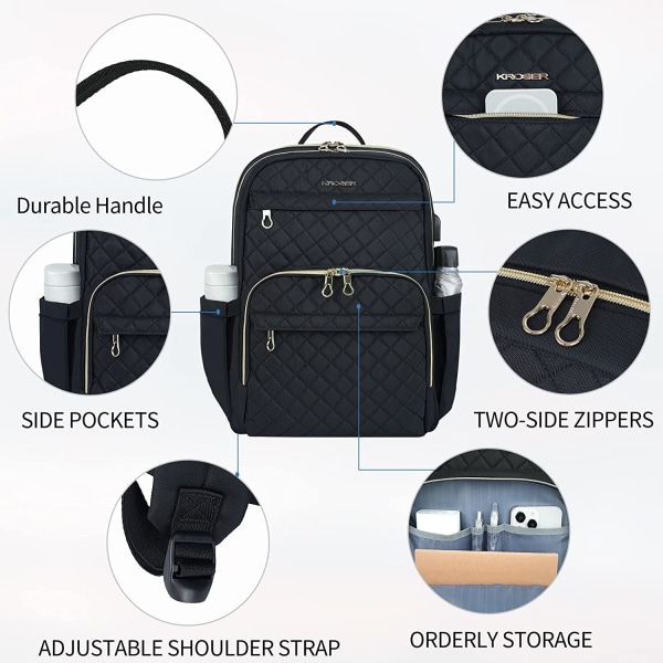 Ryggsäck för bärbar dator 15,6 tums elegant dagsäck med USB laddningsport, vattenavvisande nylon Ryggsäck för resor/affärer/kvinnor/svart