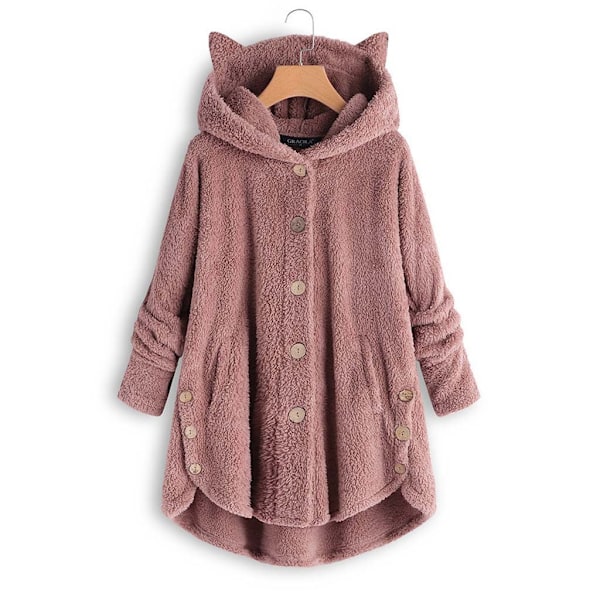 Plushjacka med kattöron, oregelbunden trendig enfärgad kappa för kvinnor Pink 5XL