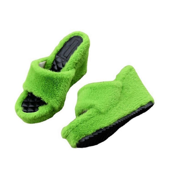 Snygga Damtofflor i Plysch med Hög Klack Öppen Tå Casual Utomhus Sandaler Höst Vinter Green 41