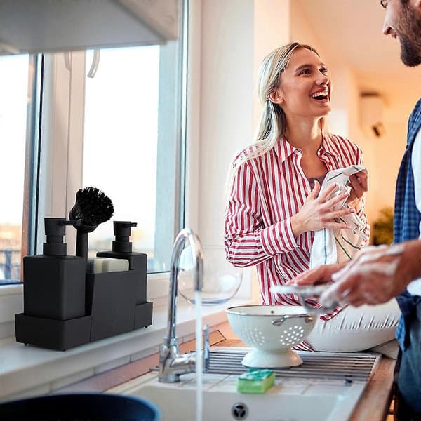 Køkken sæbedispenser med svampeholder sæt til vask, håndsæbe og opvaskemiddel dispenser med børste mat grå