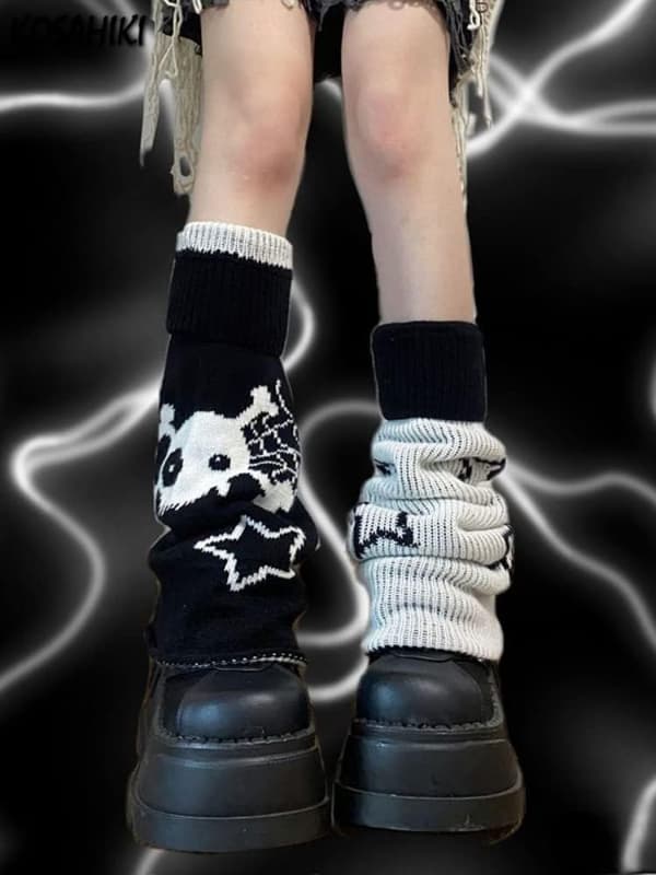 Stribede benvarmere til kvinder, bløde strikkede retrostjernemønstre, Y2K Kawaii Harajuku-stil
