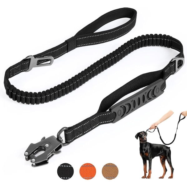 Heavy Duty Hundkoppel 4-5FT taktiskt justerbar Bungee Power Stretch koppel Hundar upp till 160lbs Reflekterande starkt hundkoppel med bilbälte (svart)