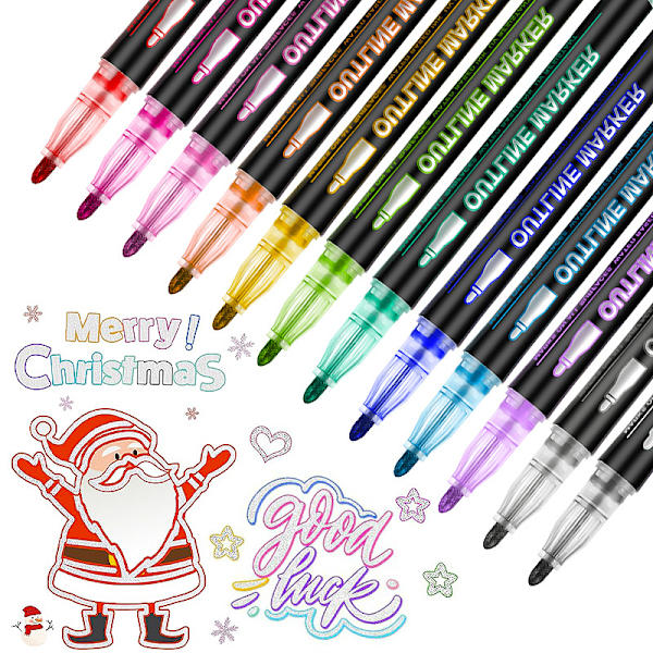 Outline Magic Pens Adventskalender Flickor 12 Färger Dubbel Linje Glitterpennor Metalliska Magic Pens för målning, presentkort, scrapbooking, hantverk