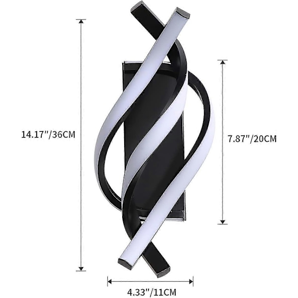 16W LED Vägglampa för inomhus, Böjd, 3000K Varmvitt Ljus, 2000 Lumen Svart IP20