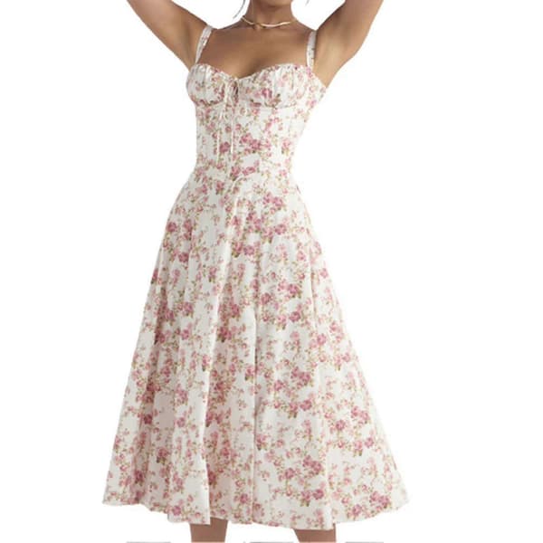 Blomstret Bustier-Sommerkjole med Snøring i Midjen og Blondedetaljer for Kvinner Rød Blomst
