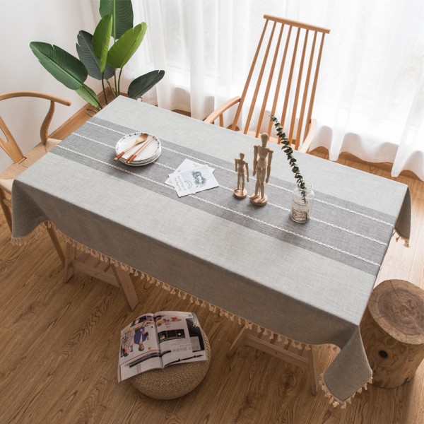 Bomull och linne rektangulär bordsduk massiv tofs broderi bomull linne cover för kök matbord dekoration (140 x 240 cm, grå