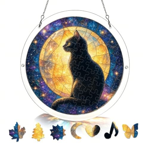 Måne Sort Kat Akryl Puslespil Solfanger, 83 Dele DIY Vinduesdekoration Lunar Black Cat