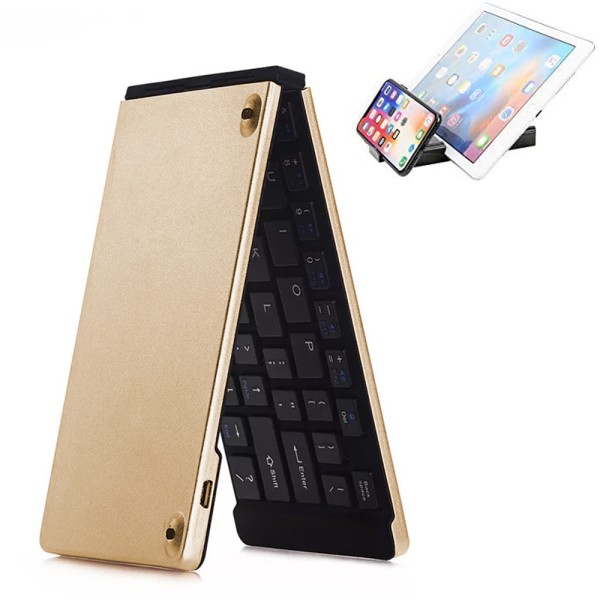 Dubbelfällbart trådlöst Bluetooth tangentbord, Trådlöst minitangentbord kompatibelt med IOS iPad, Android Tablet, Windows PC, etc.-guld