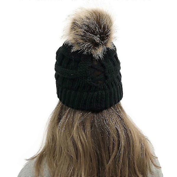 Damhatt för Alla Hjärtans Dag, Varm Stickad Ull, Tjock Hatt med Hästsvanshål, Beanie-Blandning, 1 St (Svart)