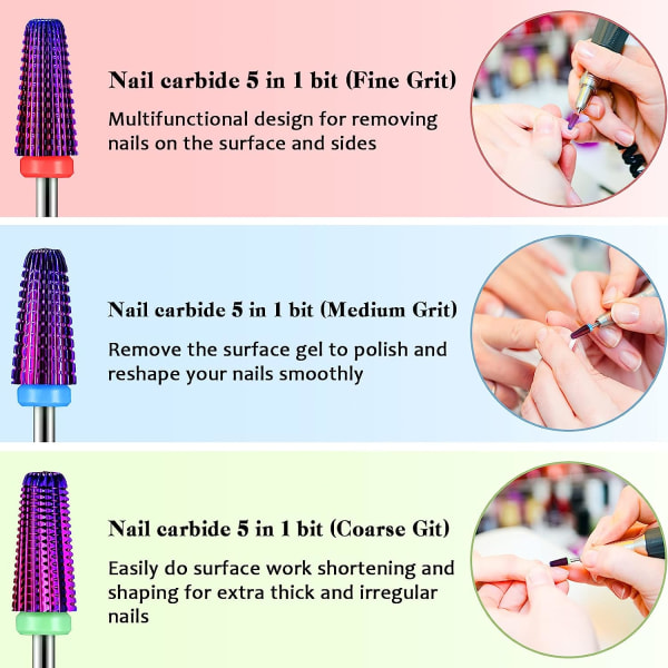 En set med 3 uppsättningar av nail art sliphuvuden av volframstål (lila) smink