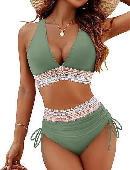 High Waisted Tummy Control Color Block Bikini Sets, Two Piece Drawstring Swimsuits Army Green