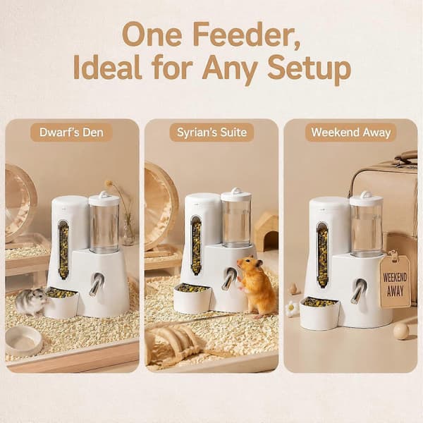 2-i-1 Hamster-vandflaske og automatisk foderautomat, 125 ml drypfri drikkefontæne med 300 ml foderdispenser, lækagesikker, automatisk foderdispenser til hamster