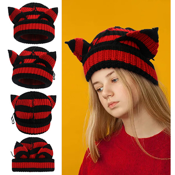 Stickade mössor för kvinnor Y2K Gothic kattöron skalle hatt varm vinterhatt söt djävulshorns mössa öronvärmare beige+svart L（58-60cm）