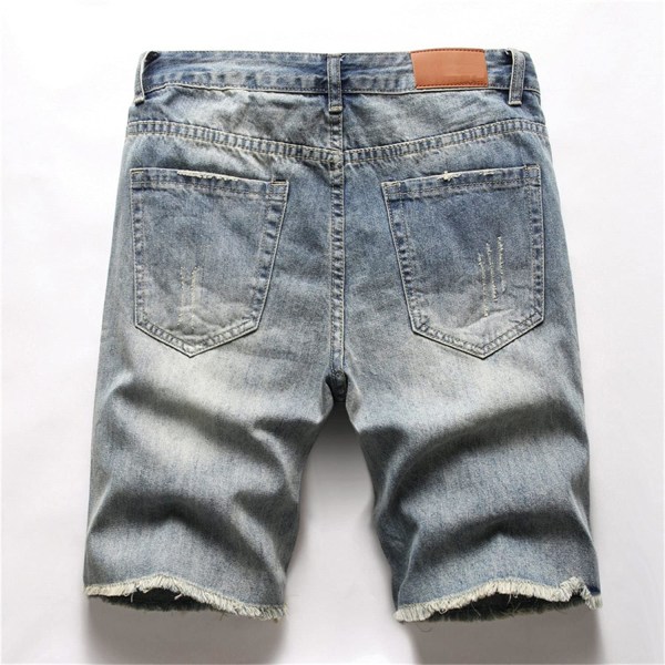 Straight ripped jeansshorts för män Distressed knälång passform jeans Vintage tvättade Casual jeansbyxor