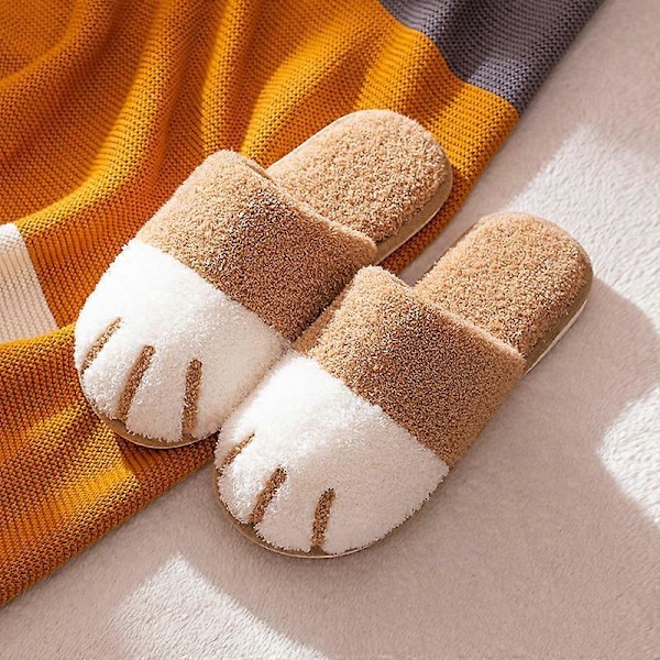Vinter Plyschtofflor för Kvinnor Varma Söta Kattfot Designer Hus Päls Inomhus Sovrum Khaki 44-45-(26.5-27cm)