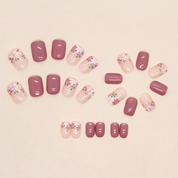 Blompress på naglar Kort kista form falska naglar glänsande rosa enfärgad lösnaglar med design Återanvändbara cover konstgjorda naglar