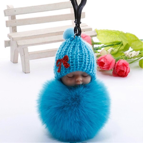 Sød Sovende Baby Fluffy Fur Plysdukke Vedhæng Nøglering Håndtaske Dekoration Pink