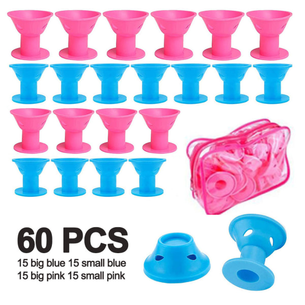 Silicone Hair Curlers Set, Small Silicone Hair Rollers-Pink+Blue 60Pcs