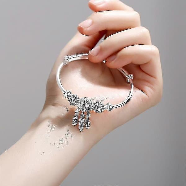 Adjustable 925 Sterling Silver Dream Catcher Tassel Feather Round Bead Charm Bracelet & Bangle