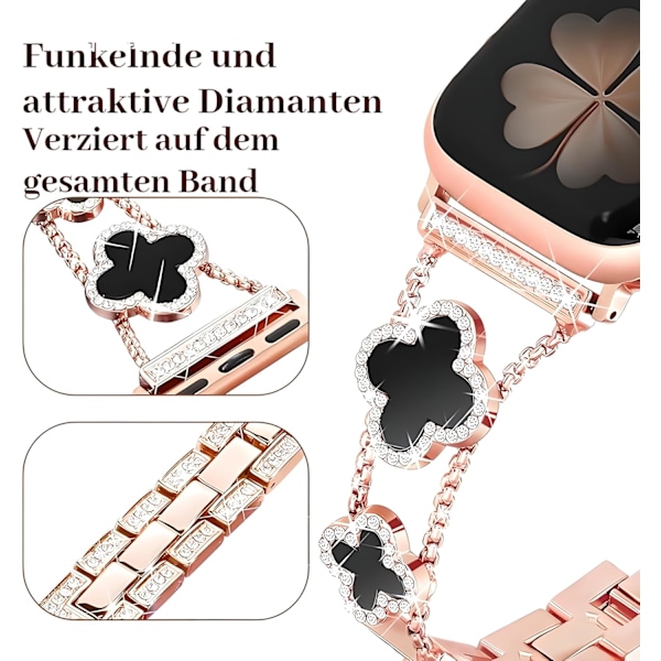 Bling Diamond Lucky Clover Damarmband Kompatibelt med Apple Watch Armband 38mm - 46mm Series SE 10 - 1, Sött Klänning Glittrande Diamantarmband Rose gold + black 38/40/41MM