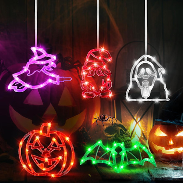 Indendørs Halloween Dekorationer - 5 Pak Halloween Lys med Sugkopper (Græskar, Spøgelse, Flagermus, Hexe, Nisse) til Uhyggelige Halloween Dekorationer