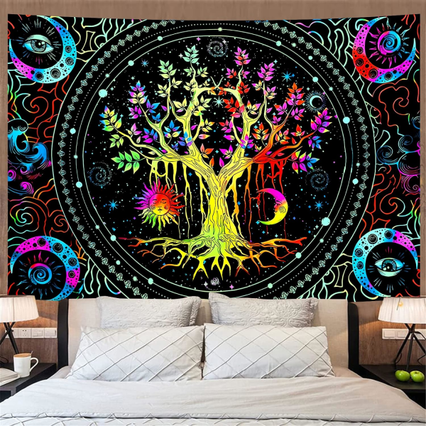 Blacklight Tree of Life Tapestry Vägghängande Trippy Tapestry UV Reactive Wall Tapestry Galaxy Tapestry Blacklight Tapestry för sovrum (150x200cm)