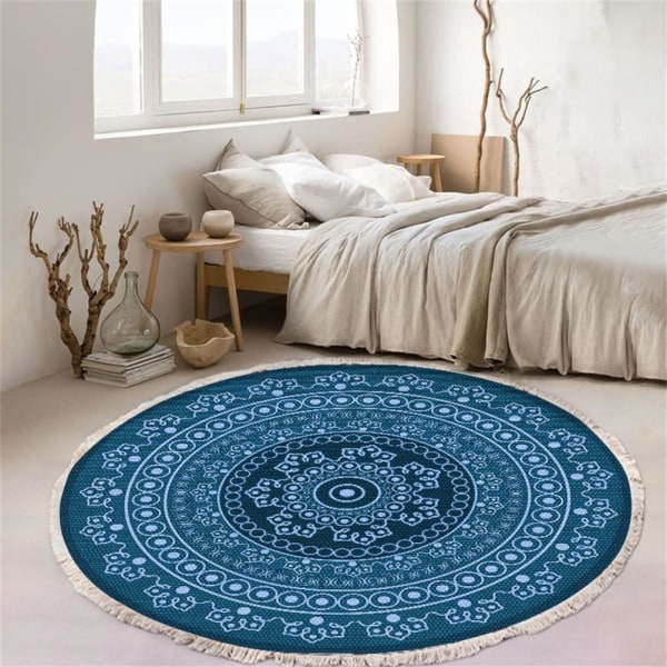 Bomullsvävd rund matta, bohemisk mandalamatta med fransar, halkfri matta i vardagsrummet (60 cm, blå)