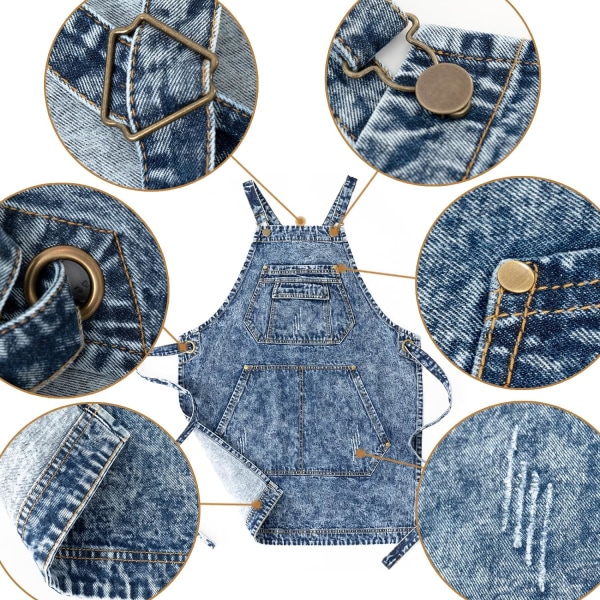 Cotton Denim Artist Arbetsförkläde med fickor Korsband och justerbar tvättad denimversion av bomullsoveraller restaurang bakning grillförkläde blå