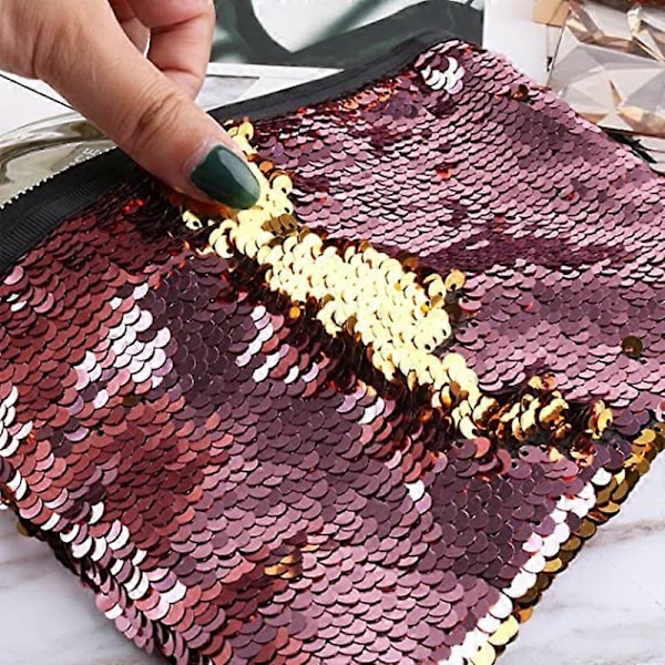 Paljett Sminkväska Vändbar Kosmetisk Väska, Mode Kvinnor Handväska, Rosa + Guld