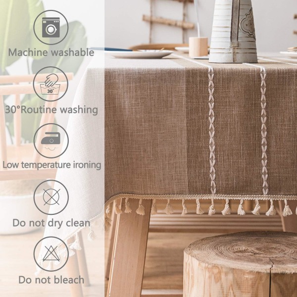 Solid bomull och linne rektangulär bordsduk Tofs cover för köksmatbordsdekoration (140x220cm, ljusbrun)