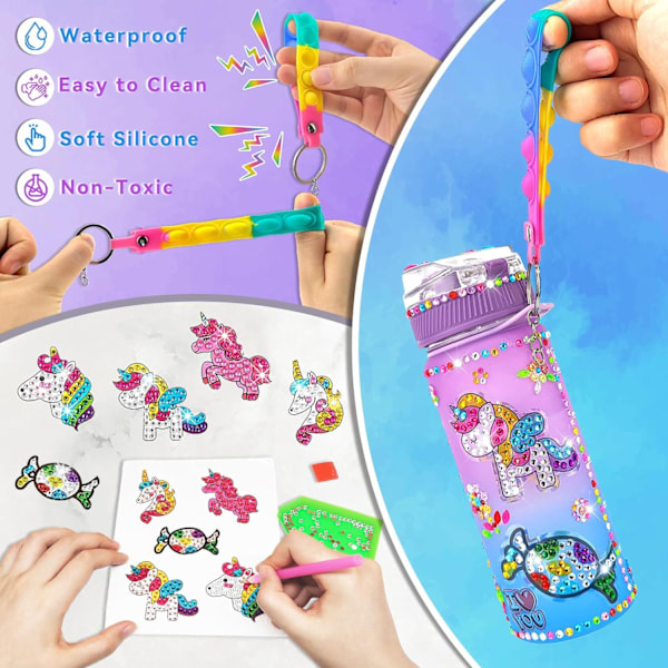 Enhörningspresenter för flickor 4-10 år, DIY vattenflaska pysselset, diamantmålningsset för barn 5-12 år, lila. B