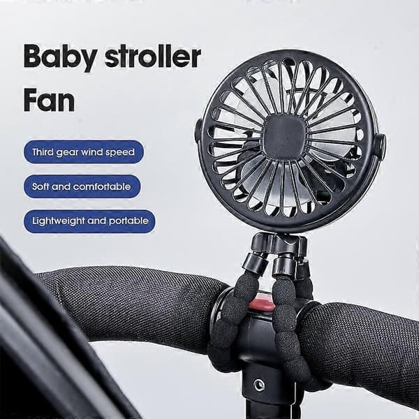 Portable Stroller Fan USB Rechargeable Mini Foldable 3 Speeds Adjustable Cooling Fan Black