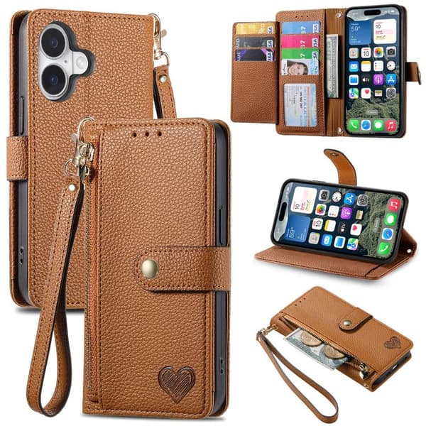iPhone 17 Case Leather Case with Love Zipper Lanyard