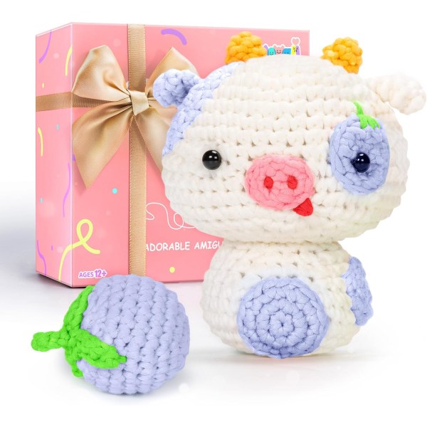 Crochet Kit for Beginners,Complete DIY Crochet Kit Animals with Pre-Started Tape Yarn Step-by-Step Video Tutorials for Adults and Kids(Blueberry Cow)