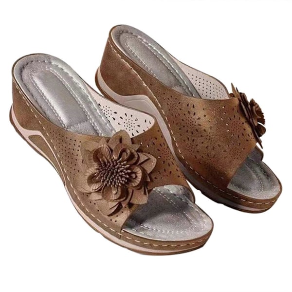 Plus Size Sandaler för Kvinnor, Vävda Blommiga Kila-tofflor för Inomhus och Utomhus Brown 41
