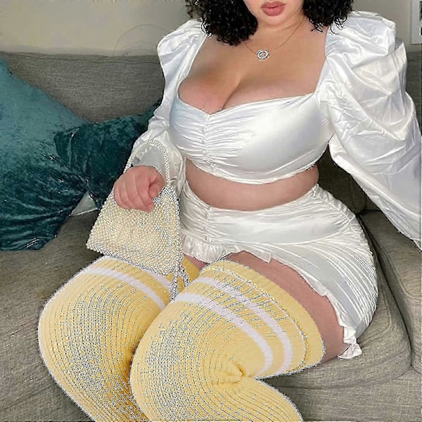 Plus Size Dame Lårstrømper til Tykke Lår - Ekstra Lange Stribede Tykke Over Grädde Gul Vit