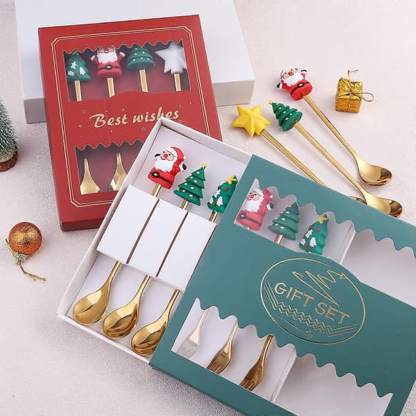 4 stk./sæt juleskeer og -gafler med gaveæske, julevedhæng, rustfrit stål, kaffeske, teske til fest Spoon fork green box